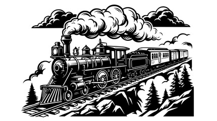 Vintage Steam Train Locomotive Puffing Smoke on Tracks through Rocky Landscape © Berkah