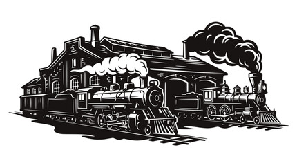 Vintage Steam Trains at Old Station, Black and White Illustration © Berkah