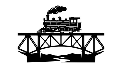 Fototapeta premium Vintage Steam Locomotive Crossing a Truss Bridge Over a River, Silhouette