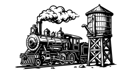 Vintage Steam Locomotive Next to Water Tower - Black and White Illustration © Berkah