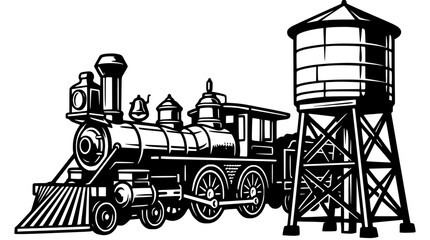 Vintage Steam Locomotive and Water Tower, Black and White Illustration © Berkah