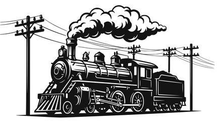 Obraz premium Vintage Steam Train Locomotive Emitting Smoke, Black and White Illustration