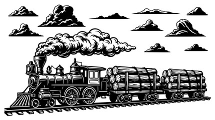 Vintage Steam Train Carrying Logs Through Dramatic Clouds - Black and White Illustration © Berkah