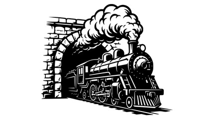 Vintage Steam Train Emerging from Tunnel, Black and White Illustration © Berkah