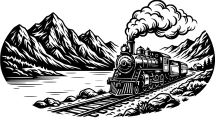Vintage Steam Train Traveling Through Scenic Mountain Landscape © Berkah