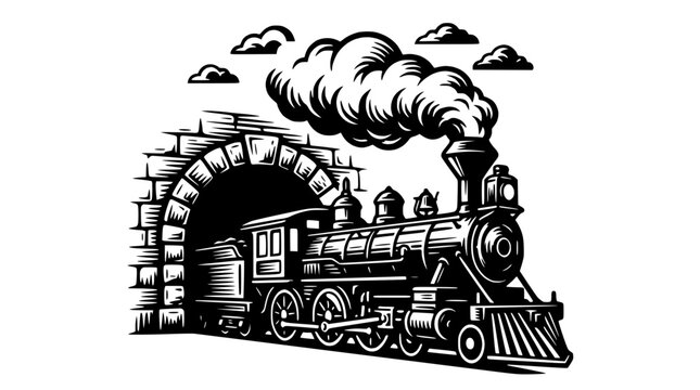 Vintage Steam Train Emerging from Stone Tunnel, Black and White Illustration