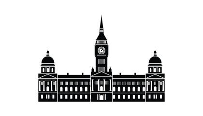 Obraz premium Black and white silhouette of a grand palace or parliament building with a prominent central clock tower.