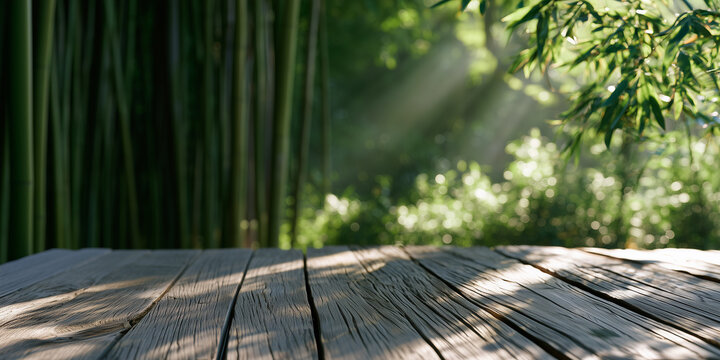 A wooden stage with a bamboo backdrop for product displays. 