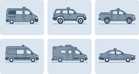 Naklejka premium Set of minimalist ambulance vehicle icons featuring various emergency medical transport designs in a flat vector style