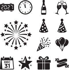 Fototapeta premium New Year Celebration Icons Set Black Silhouette On White Background For Festive Designs