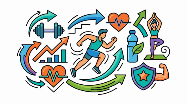 A colorful illustration depicting a fitness journey with a runner a yogi and various exercise and health-related icons