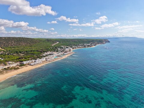 aerial view oover the Cala del Varadero bay to Los Ca&ntilde;os de Meca, Zahora, Vejer de la Frontera, Costa de la Luz, Spain