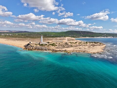 Faro de Trafalgar, aerial view of the lighthouse at a sandy headland with dunes between Los Ca&ntilde;os de Meca and Zahora, Conil de la Frontera, Vejer de la Frontera, Costa de la Luz, Andalusia, Spain