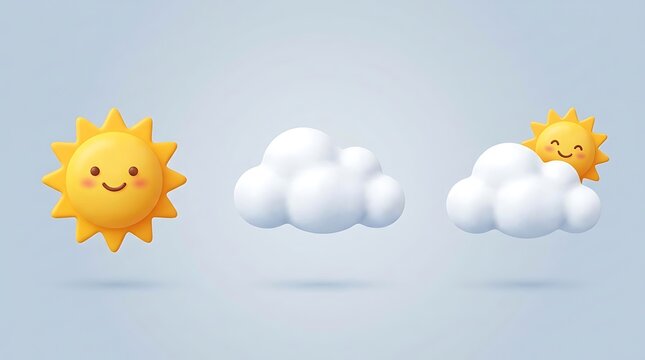 3d cartoon sun and cloud illustrations for weather forecast icons or children's educational materials