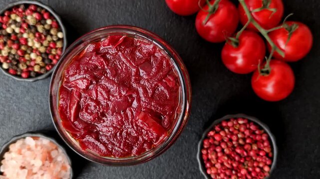 Grated beetroot with salt and spices as an ingredient for borscht or a vegan salad. Grated beetroot as a food background for your design