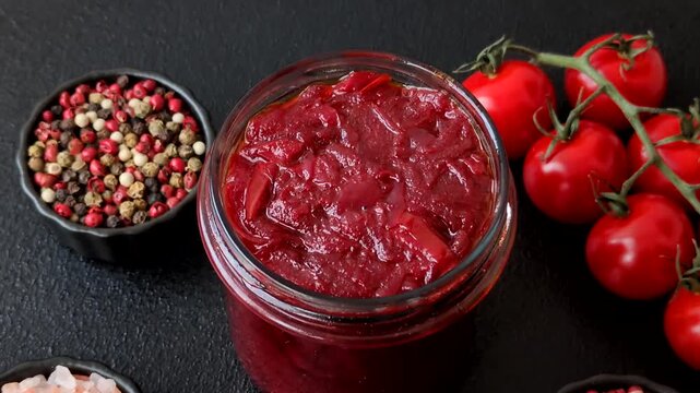 Grated beetroot with salt and spices as an ingredient for borscht or a vegan salad. Grated beetroot as a food background for your design