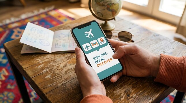 Travel planning on a smartphone with a wooden table and globe in the background