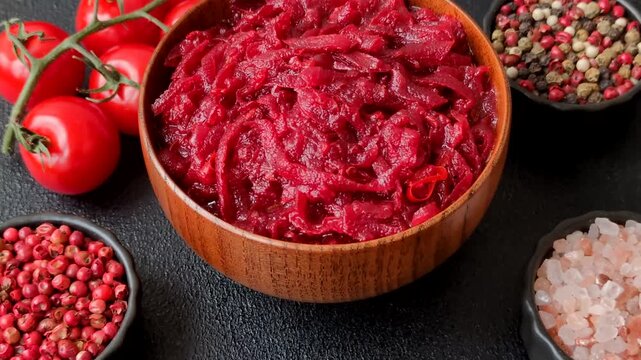 Grated beetroot with salt and spices as an ingredient for borscht or a vegan salad. Grated beetroot as a food background for your design