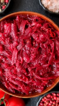 Grated beetroot with salt and spices as an ingredient for borscht or a vegan salad. Grated beetroot as a food background for your design
