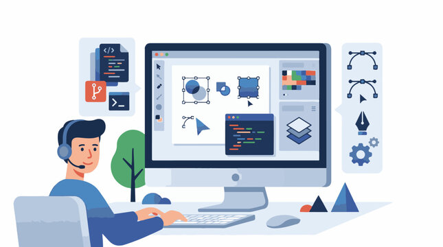 A cartoon graphic designer working at a computer with various design tools