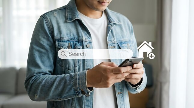 Man using smartphone to search for real estate house hunting concept with digital overlay