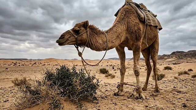 A single camel grazes on desert shrubs under a cloudy sky