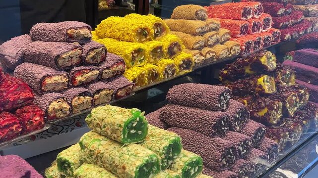 Colorful display of traditional Turkish delight, lokum and assorted oriental sweets in a confectionery shop in Kemer, Antalya Province, Turkey. 