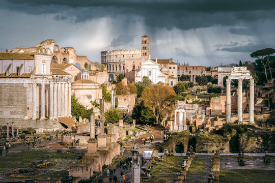 The Roman Forum under a dramatic sky, Rome, Italy