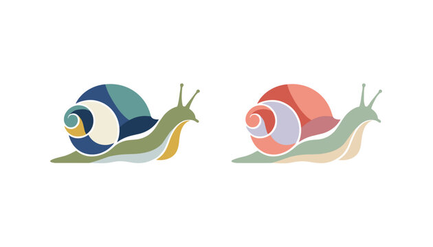 Stylized logo design of two crawl snails with colorful segmented shells in blue and red tones on a white background.