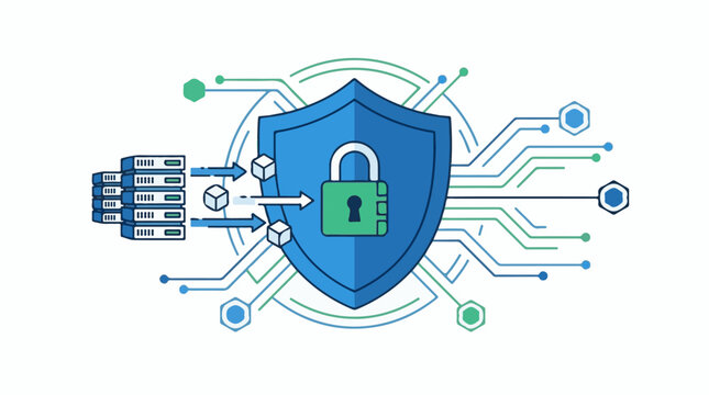 A blue shield with a green lock surrounded by circuit board lines and servers