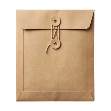 Brown paper envelope with string tie isolated on transparent background