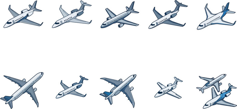 Set of modern business and private jet aircraft including regional airliners and executive transport designs