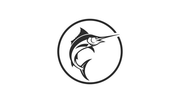 Creative vector logo featuring a black and white marlin fish leaping out of a circular frame on a white background.