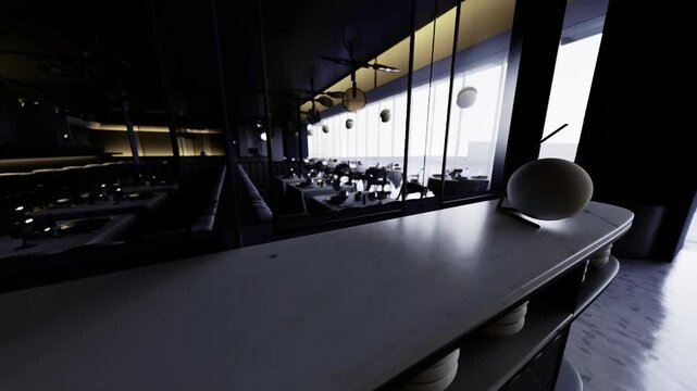 Cinematic empty dining room with long mirrored wall and soft backlight, rows of tables fading into dark, moody atmosphere suggesting afterhours closure