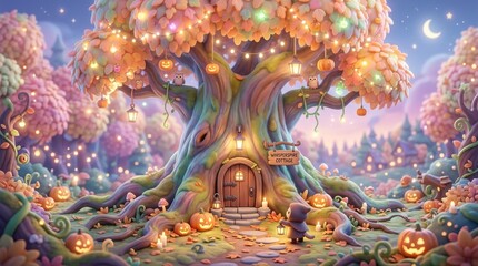 Fototapeta premium Cute 3D Giant Tree with Small Wooden Door
