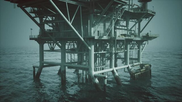 Salt battered platform legs endure relentless surf and spray, close focus on corroded metal and barnacle clusters, texture rich scene conveying marine wear