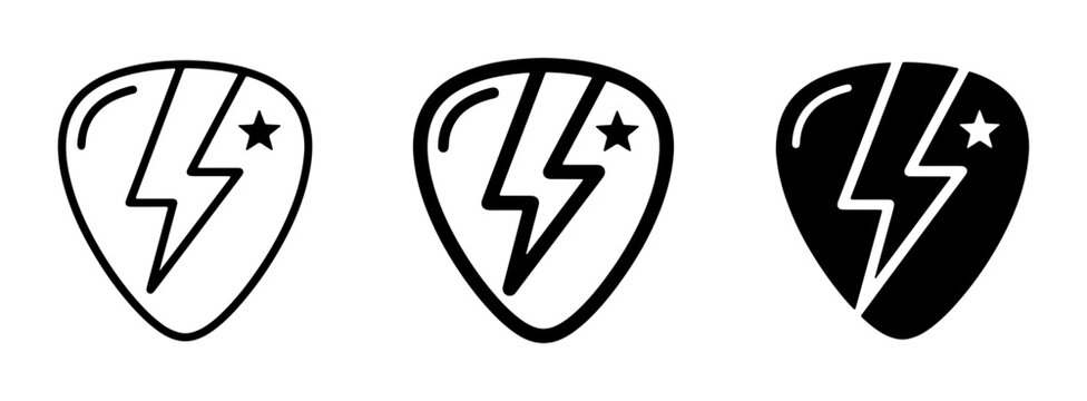 Guitar Pick Icons, Rock Music Symbols, Electric Bolt and Star Graphics, Set of 3 Vector Art