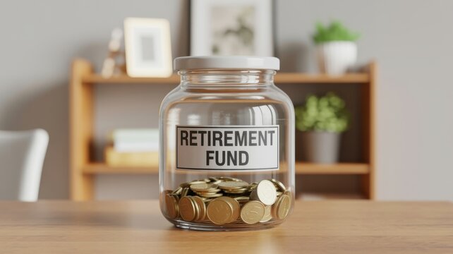 Clear glass jar labeled retirement fund filled with coins on wooden desk