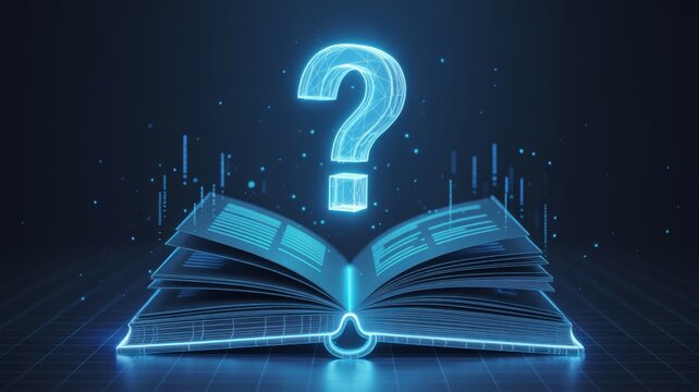 Open Book With Glowing Question Mark Symbolizing Knowledge And Technology