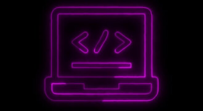 Glowing Neon Laptop Coding Programming Developer Icon Technology Concept on Black Background