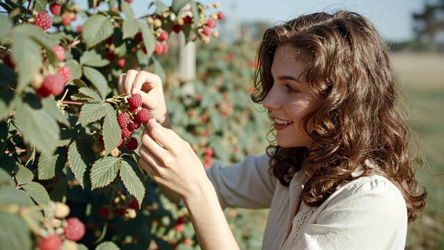 Happy young woman picking raspberries on an organic farm