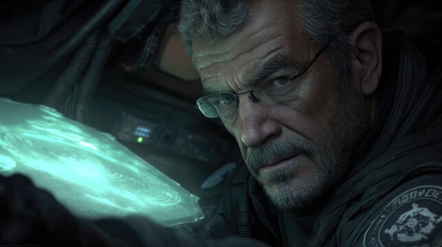 Close-up of senior man pilot in futuristic cockpit.
