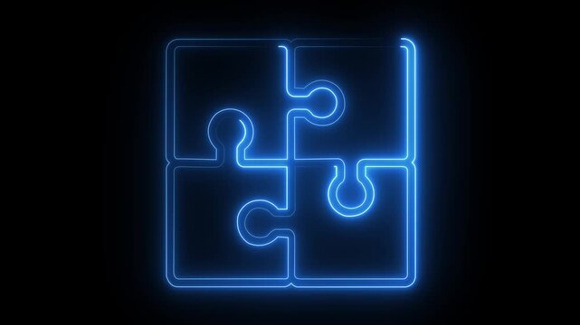 Neon blue glowing puzzle pieces connecting, abstract business concept animation, digital solution success