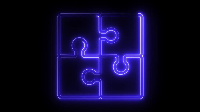 Neon glowing jigsaw puzzle pieces animation, business strategy and problem solving concept blue