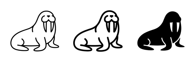 Fototapeta premium Walrus Icons Set, Simple Line Art and Silhouette Illustrations of Marine Mammals for Arctic Wildlife and Ocean Themes