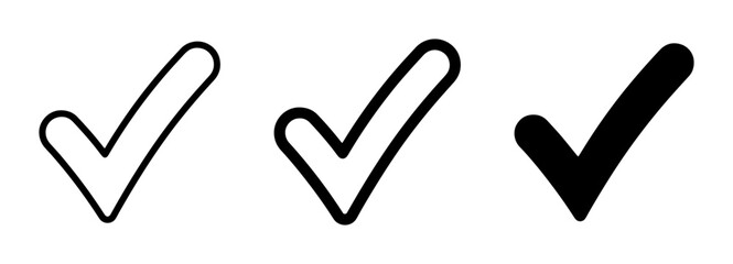 Three Check Mark Icons, Simple Outline and Solid Black, Vector Graphics for Confirmation and Approval © Shakib
