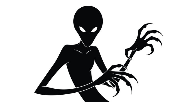 Menacing black silhouette of a slender alien creature with long sharp fingers and glowing eyes, standing against a plain white background.