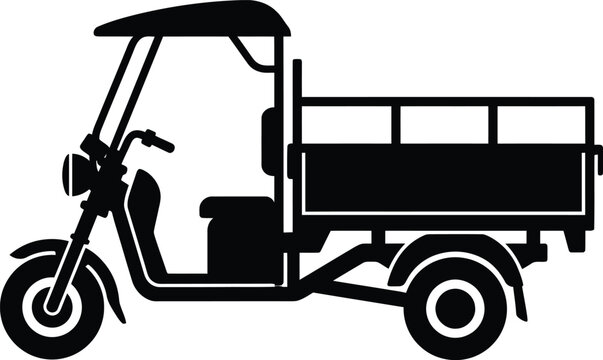Cargo auto rickshaw or electric tricycle delivery van black silhouette vector icon