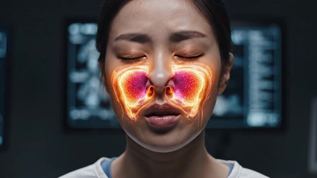 Asian woman with glowing sinuses showing nasal congestion symptoms.