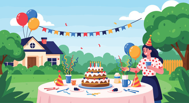 Joyful woman setting up a large birthday cake on an outdoor table for a festive garden party with balloons, bunting, and a house nearby.